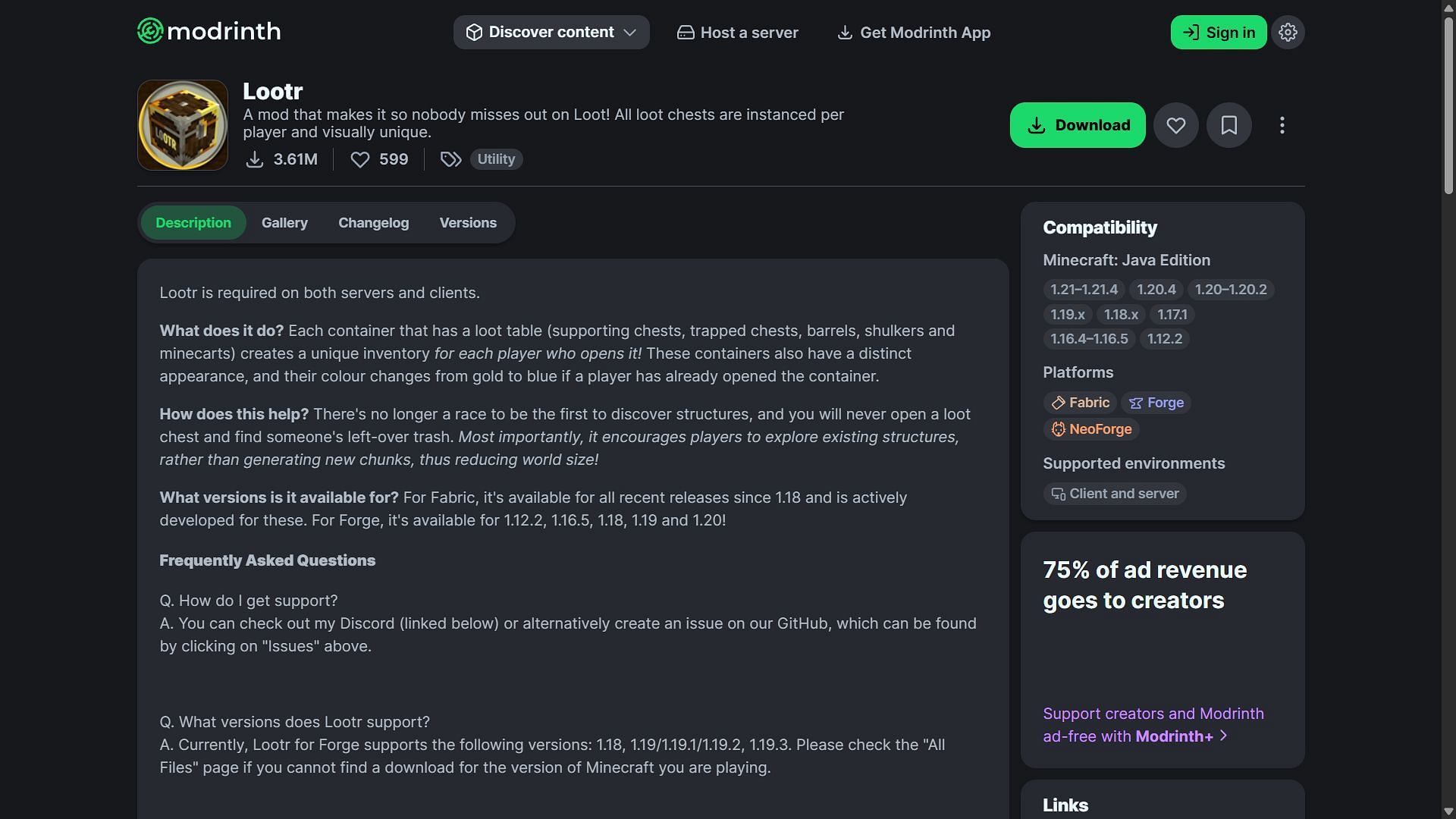 The Lootr mod can be downloaded from the Modrinth website (Image via Modrinth/Noobanidus)